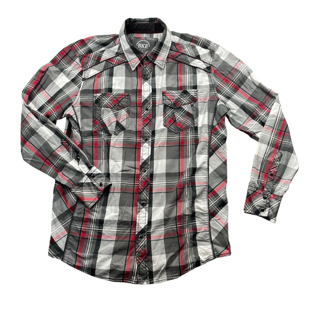 BKE Large‎ Slim Fit Plaid Snap Closure 100% Cotton Long Sleeve